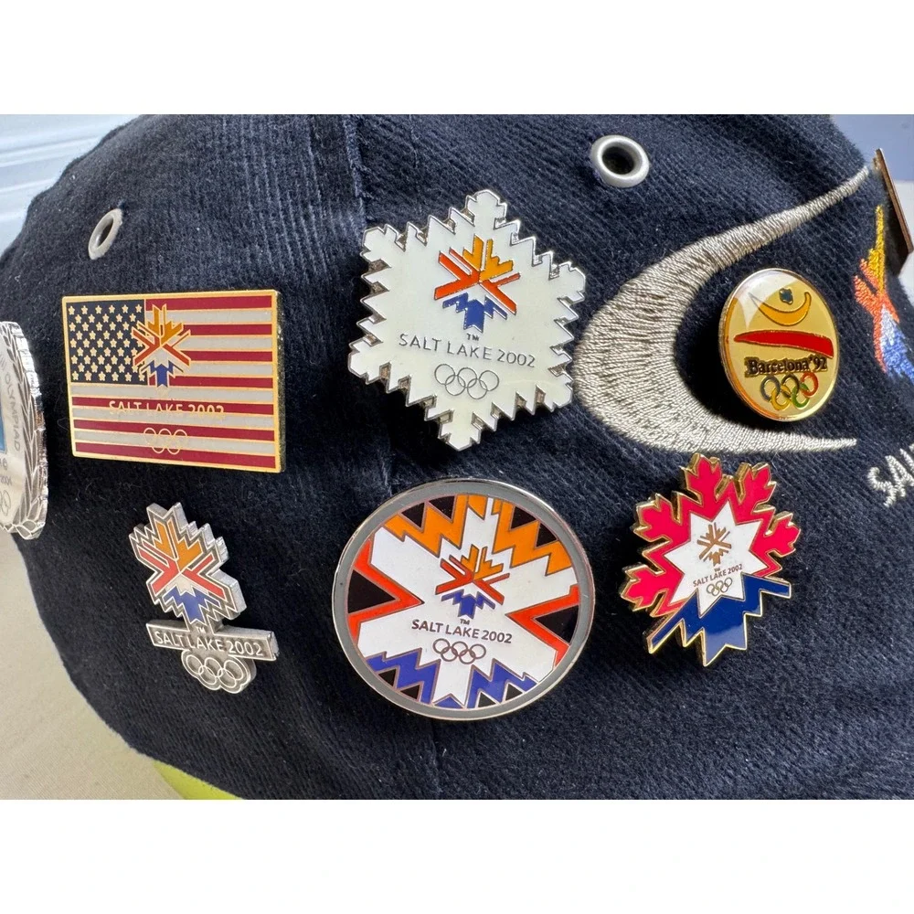 Salt Lake 2002 Winter Olympics Hat Black Strapback with‎ 15+ Vintage Pins Rare